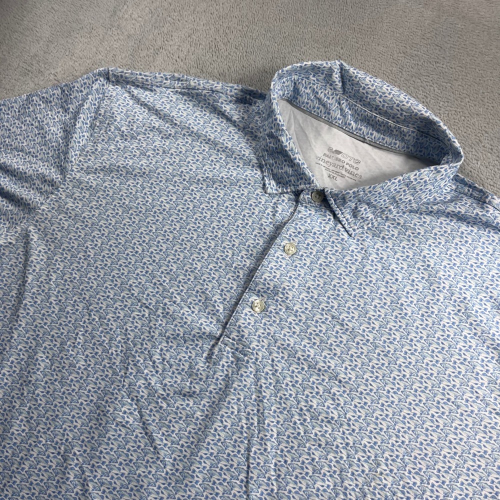 Vineyard Vines Palmero Polo Mens XXL Blue Fish Print OTG Performance Shirt